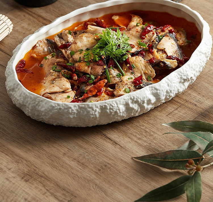 Rock Pattern Ceramic Deep Fish Steaming Plate Ceramic