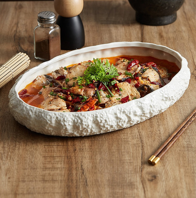 Rock Pattern Ceramic Deep Fish Steaming Plate Ceramic