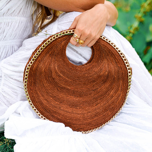 The Solo Espresso Mini Jute Bag With Gold Chain